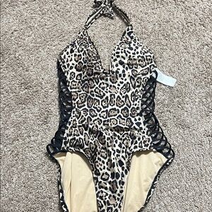 Kenneth Cole Black and Tan Animal Print Swimsuit